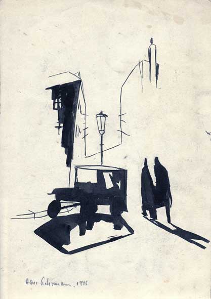 Galerie.Z: Hasso Gehrmann - Sperrstunde_Jeep-und-Schieber, 1946, Tusche/Papier